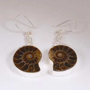 Handcrafted Rhodium Plated Natural Ammonite Fossil Women's Fashion Earrings - Picture 1 of 6