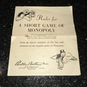Monopoly Parker Brothers Rules for A Short Game of Monopoly 1951 Vintage  - Picture 1 of 7