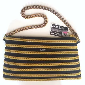 BAM BAGS ORIGINAL ZIP PURSE BLACK & GOLD ZIPPER CHAIN STRAP DESIGNER HANDBAG - Picture 1 of 10