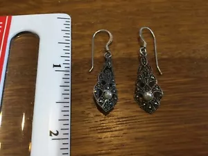 COPPIA ORECCHINI A GOCCIA MARCASITE VINTAGE STERLING 925 B - Foto 1 di 2