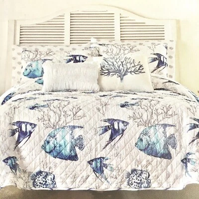 9pc Nicole Miller Blue Fish Coral Ocean QUEEN Quilt Set Sham Sheet Throw Pillow - Image 1 of 4