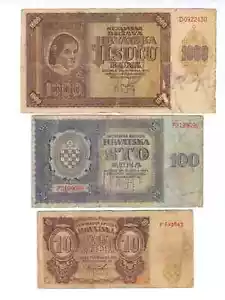 1000 kuna 1941 + 100 kuna 1941 + 10 kuna 1941 ustasa Croatia Germany Italy ally - Picture 1 of 2