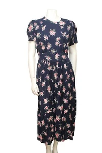 Vintage 90s Worthington Blue Pink Floral Rayon Elastic Waist Midi Dress Size 14 - Picture 1 of 5