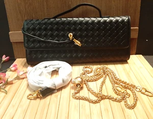 Black Woven Handbag , Crossbody Clutch, Vegan Leather Gold Chain & CB Strap !! - Picture 1 of 11