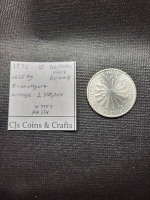 Moeda de prata 1972 F Alemanha 10 Deutsche Mark - World Unc Olympics Munique - Imagem 1 de 3