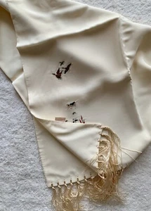 Vintage Embroidered Scarf with Fringe 42”x12” Bird Dogs Ducks Acetate Rayon - Picture 1 of 3