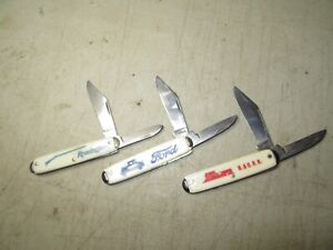 3 vintage USA made advertising pocket knives Ford Remington B&ORR nice shape