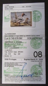 RW75 - 2008 Federal Duck Stamp on Illinois Hunting License - Picture 1 of 2