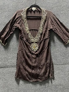 Alka Vora Tunika Damen mittelbraun verziert Perlen Boho Top tiefer V-Ausschnitt - Bild 1 von 10