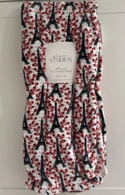 PARIS Eiffel Tower 60x70” Throw Blanket Black White Red Floral France French NEW - Image 1 of 4