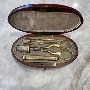 Antique 18th C. Sewing Kit In Wooden Case French Gold Tone Travel Set - Picture 1 of 19