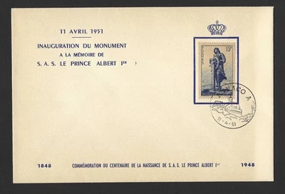 Monaco 1951 Prince Albert I Memorial Statue Inauguration Stamp - First Day Cover - Image 1 of 2