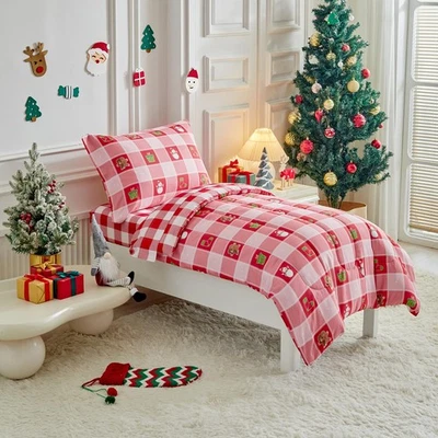 Juego de cama de Navidad para niños niñas rojo blanco a cuadros colorido vacaciones cama de 4 piezas... Foto 1 de 4