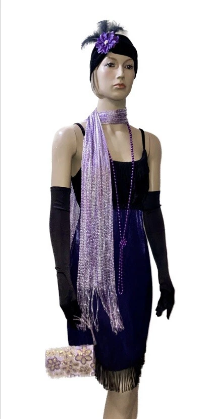Black Purple 1920s Great Gatsby Flapper Dress Roaring 20s & Accs M - Image 1 of 4