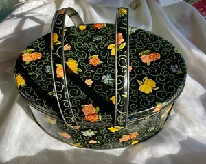Wonderful Vintage Floral TIN Double-Handled Container / Sewing Basket - Picture 1 of 17