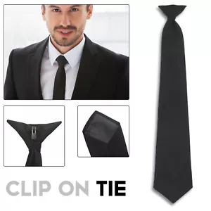 Mens Plain Black Tie, Clip On Tie Security Funeral Workwear Bouncer Formal Tie - Picture 1 of 12