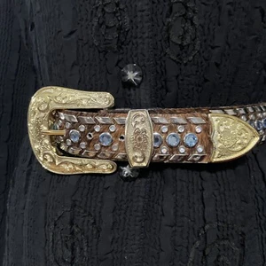 Western Belt Women Gold Tone Metal Faux Horse Hair Rhinestones 29-30 X 1.5 W  - Picture 1 of 10