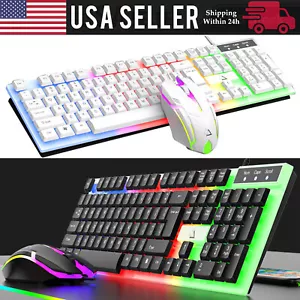 Juego combinado de mouse teclado retroiluminado tamaño completo Rainbow RGB con cable para juegos oficina negro - Imagen 1 de 22
