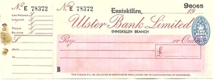 OLD UNUSED CHEQUE WITH COUNTERFOIL. ULSTER BANK, ENNISKILLEN . 1953. 13. - Picture 1 of 1