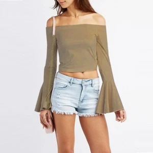 Tan Suede Off Shoulder Bell Sleeve Top b10 - Picture 1 of 4