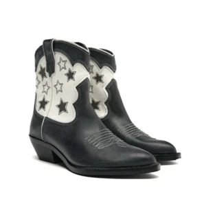 Zara Black White Leather Stars Western Cowboy Boots Size EU 36 US 6 NEW - Picture 1 of 11