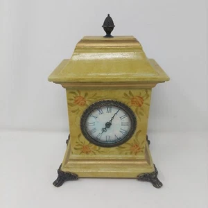 Hand Painted Wood Yellow Gold Floral Mantle Clock Filagree Footed Victorian - Picture 1 of 16