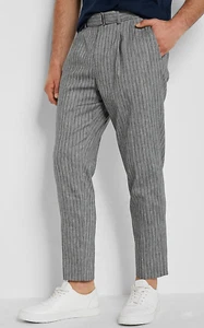 PANTALONES DE VESTIR EXPRESS SLIM RAYAS GRIS CINTURÓN MEZCLA LINO RECORTADO ELÁSTICO 30x30 - Imagen 1 de 7