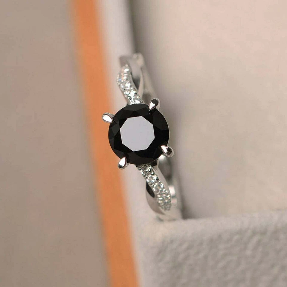 2 Ct Round Black Diamond Engagement Ring in Real 14K White Gold Solid Simulated - Image 1 of 4
