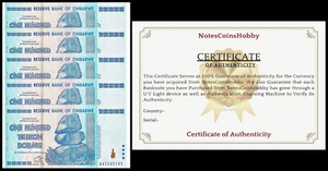 Zimbabwe 5 X 100 BILLONES de Dólares AA 2008 P-91 con COA ENVÍO UNC DESDE CANADÁ - Imagen 1 de 7