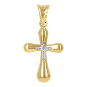 30.9mm Unisex Textured Cross Religious Pendant 10kt Two-Tone Solid Gold Necklace - Picture 1 of 4