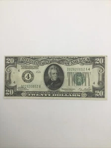 1928 US $20 Twenty Dollar Green Seal Federal Reserve Note, 4 Ohio, Error Cut - Picture 1 of 7