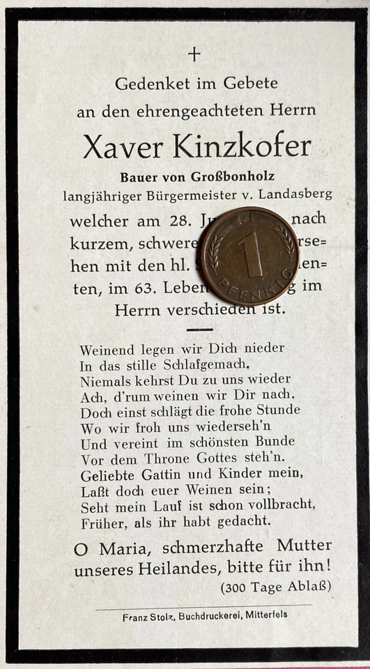 Sterbebild Totenzettel Großbonholz Landasberg 1956 Kinzkofer (STB18) - Bild 1 von 1