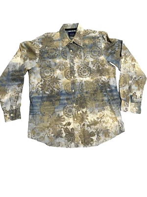 Camisa masculina manga longa com botões estampa Batik floral grande palmeiras índigo - Imagem 1 de 4
