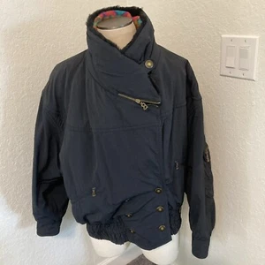 Vintage Bogner Women's Black Ski Lodge Bomber Jacket Coat Fur Collar Size 14 - Picture 1 of 23
