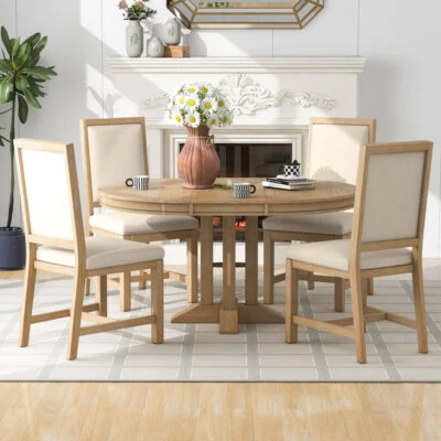Farmhouse 5-Pc Dining Set w/Extendable Round Table & 4 Upholstered Chairs - Image 1 of 4