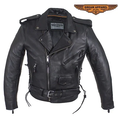 Mens Classic Split Cowhide Leather Police Motorcycle Jacket w/Zipper Side Laces  - Image 1 of 4