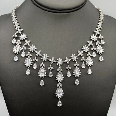 NWT Sterling CZ Bib Necklace, Prong Set Stones, Solid 925 Silver, 18", Bride - Image 1 of 4