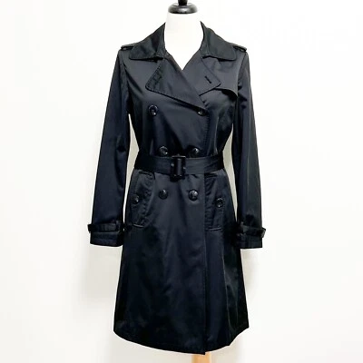 Ellen Tracy 黑色双排扣中长腰带雨衣夹克中号 — 第 1/4 张图片