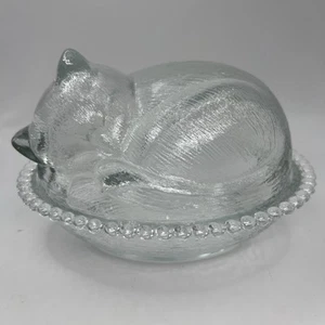 Vintage Indiana Glass Clear Kitten Cat on Nest Covered Candy Dish - Picture 1 of 14