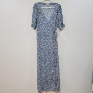 Natural Life Sz L Sophia Wrap Dress Floral Short Puff Sleeve Blue Yellow Cottag - Picture 1 of 8