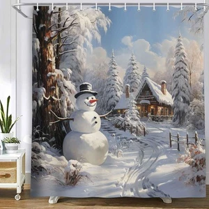 Christmas Snowman Shower Curtain, Winter Snow Trees Rustic Farmhouse Bathroom... - Picture 1 of 9