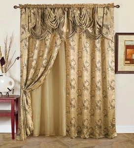 Jacquard Luxus Scheibengardine Gold Taupe 2 Flächen Set mit Volant und Rücken 55Bx84L - Bild 1 von 7