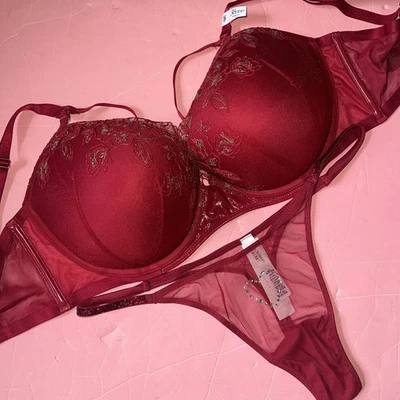 Victoria's Secret 34DDD,36DDD BRA SET S,L thong RED Lacquer GOLD EMBROIDERY mesh - Image 1 of 4