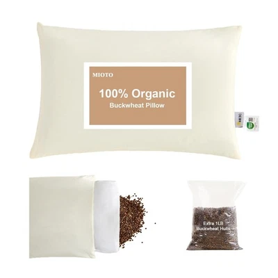 MIOTO Organic Buckwheat Pillow for Sleeping with Dual-Layer Pillowcase and Extra Ta...