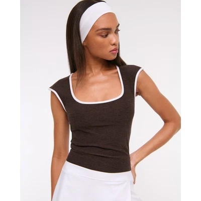 Abercrombie YPB everydaySOFT Cap Sleeve Top Brown with White Trim Size Medium - Image 1 of 4