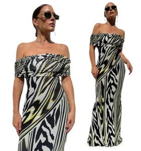 AFRM McCall Off the Shoulder Ruched Mesh Overlay Maxi Zebra Lime Dress  sz L - Picture 1 of 23