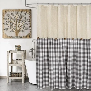 Linen Button Farmhouse Shower CurtainLinen and Cotton FabricPleated Gray and ... - Picture 1 of 6