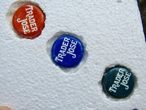 Lot 3 diff TRADER JOSE Metal Bottle Caps Organic Grocery Store Market RARE VG+ - Picture 1 of 4