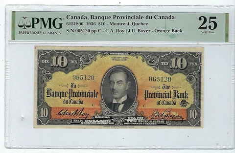 1936 Banque Provinciale Canada $10 PMG VF-25 (615-18-06) Cover