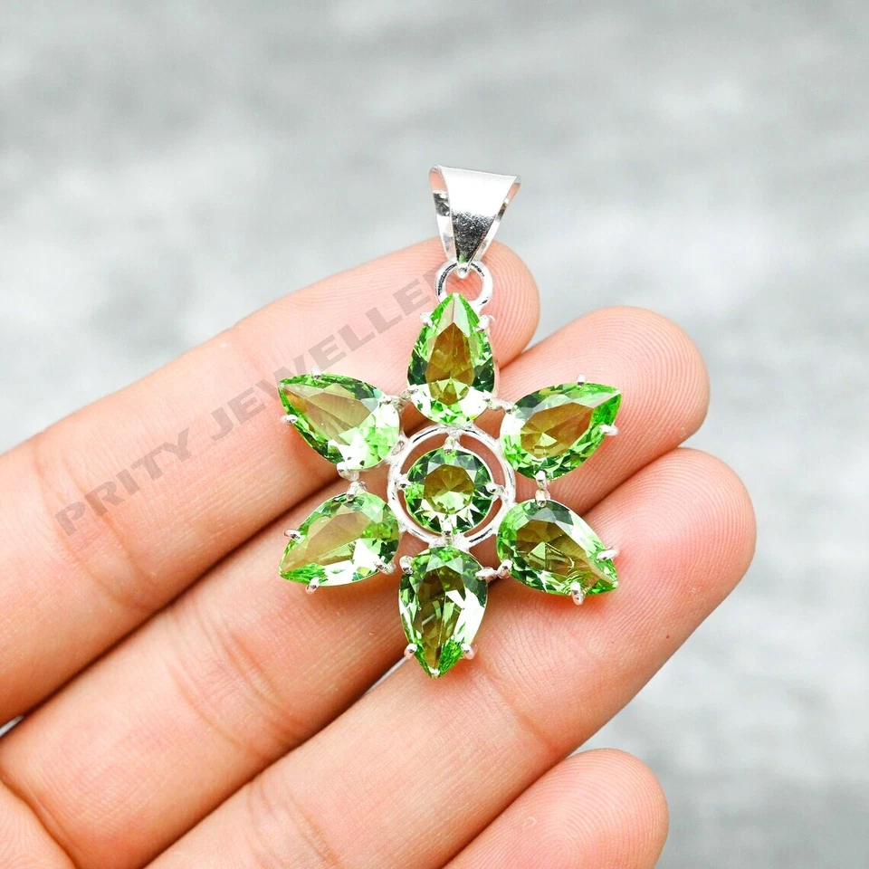 Peridot Flower Pendant 925 Sterling Silver Handmade Gemstone Jewelry Gift - Image 1 of 4